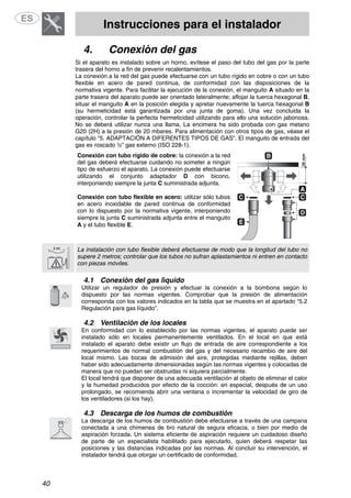 Instrucciones para el instalador
40
4. Conexión del gas
Si el aparato es instalado sobre un horno, evítese el paso del tubo del gas por la parte
trasera del horno a fin de prevenir recalentamientos.
La conexión a la red del gas puede efectuarse con un tubo rígido en cobre o con un tubo
flexible en acero de pared continua, de conformidad con las disposiciones de la
normativa vigente. Para facilitar la ejecución de la conexión, el manguito A situado en la
parte trasera del aparato puede ser orientado lateralmente; aflojar la tuerca hexagonal B,
situar el manguito A en la posición elegida y apretar nuevamente la tuerca hexagonal B
(su hermeticidad está garantizada por una junta de goma). Una vez concluida la
operación, controlar la perfecta hermeticidad utilizando para ello una solución jabonosa.
No se deberá utilizar nunca una llama. La encimera ha sido probada con gas metano
G20 (2H) a la presión de 20 mbares. Para alimentación con otros tipos de gas, véase el
capítulo “5. ADAPTACIÓN A DIFERENTES TIPOS DE GAS”. El manguito de entrada del
gas es roscado ½” gas externo (ISO 228-1).
Conexión con tubo rígido de cobre: la conexión a la red
del gas deberá efectuarse cuidando no someter a ningún
tipo de esfuerzo el aparato. La conexión puede efectuarse
utilizando el conjunto adaptador D con bicono,
interponiendo siempre la junta C suministrada adjunta.
Conexión con tubo flexible en acero: utilizar sólo tubos
en acero inoxidable de pared continua de conformidad
con lo dispuesto por la normativa vigente, interponiendo
siempre la junta C suministrada adjunta entre el manguito
A y el tubo flexible E.
La instalación con tubo flexible deberá efectuarse de modo que la longitud del tubo no
supere 2 metros; controlar que los tubos no sufran aplastamientos ni entren en contacto
con piezas móviles.
4.1 Conexión del gas líquido
Utilizar un regulador de presión y efectuar la conexión a la bombona según lo
dispuesto por las normas vigentes. Comprobar que la presión de alimentación
corresponda con los valores indicados en la tabla que se muestra en el apartado “5.2
Regulación para gas líquido”.
4.2 Ventilación de los locales
En conformidad con lo establecido por las normas vigentes, el aparato puede ser
instalado sólo en locales permanentemente ventilados. En el local en que está
instalado el aparato debe existir un flujo de entrada de aire correspondiente a los
requerimientos de normal combustión del gas y del necesario recambio de aire del
local mismo. Las bocas de admisión del aire, protegidas mediante rejillas, deben
haber sido adecuadamente dimensionadas según las normas vigentes y colocadas de
manera que no puedan ser obstruidas ni siquiera parcialmente.
El local tendrá que disponer de una adecuada ventilación al objeto de eliminar el calor
y la humedad producidos por efecto de la cocción: en especial, después de un uso
prolongado, se recomienda abrir una ventana o incrementar la velocidad de giro de
los ventiladores (si los hay).
4.3 Descarga de los humos de combustión
La descarga de los humos de combustión debe efectuarse a través de una campana
conectada a una chimenea de tiro natural de segura eficacia, o bien por medio de
aspiración forzada. Un sistema eficiente de aspiración requiere un cuidadoso diseño
de parte de un especialista habilitado para ejecutarlo, quien deberá respetar las
posiciones y las distancias indicadas por las normas. Al concluir su intervención, el
instalador tendrá que otorgar un certificado de conformidad.
 
