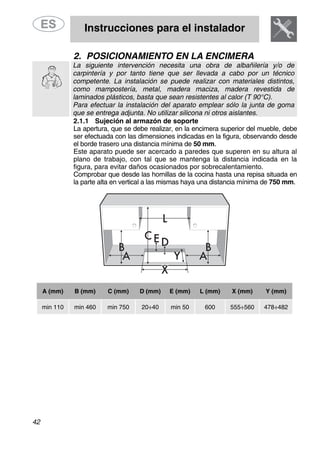 Instrucciones para el instalador
42
2. POSICIONAMIENTO EN LA ENCIMERA
La siguiente intervención necesita una obra de albañilería y/o de
carpintería y por tanto tiene que ser llevada a cabo por un técnico
competente. La instalación se puede realizar con materiales distintos,
como mampostería, metal, madera maciza, madera revestida de
laminados plásticos, basta que sean resistentes al calor (T 90°C).
Para efectuar la instalación del aparato emplear sólo la junta de goma
que se entrega adjunta. No utilizar silicona ni otros aislantes.
2.1.1 Sujeción al armazón de soporte
La apertura, que se debe realizar, en la encimera superior del mueble, debe
ser efectuada con las dimensiones indicadas en la figura, observando desde
el borde trasero una distancia mínima de 50 mm.
Este aparato puede ser acercado a paredes que superen en su altura al
plano de trabajo, con tal que se mantenga la distancia indicada en la
figura, para evitar daños ocasionados por sobrecalentamiento.
Comprobar que desde las hornillas de la cocina hasta una repisa situada en
la parte alta en vertical a las mismas haya una distancia mínima de 750 mm.
A (mm) B (mm) C (mm) D (mm) E (mm) L (mm) X (mm) Y (mm)
min 110 min 460 min 750 20÷40 min 50 600 555÷560 478÷482
 