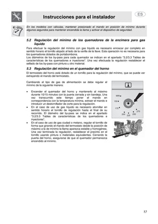 Instrucciones para el instalador
17
En los modelos con válvulas, mantener presionado el mando en posición de mínimo durante
algunos segundos para mantener encendida la llama y activar el dispositivo de seguridad.
5.2 Regulación del mínimo de los quemadores de la encimera para gas
líquido
Para efectuar la regulación del mínimo con gas líquido es necesario enroscar por completo en
sentido horario el tornillo alojado al lado de la varilla de la llave. Esta operación no es necesaria para
los quemadores dotados de portabombona.
Los diámetros de los by-pass para cada quemador se indican en el apartado “3.2/3.3 Tablas de
características de los quemadores e inyectores". Una vez efectuada la regulación restablecer el
sellado de los by-pass con pintura u otro material.
5.3 Regulación del mínimo en el quemador del horno
El termostato del horno está dotado de un tornillo para la regulación del mínimo, que se puede ver
extrayendo el mando del termostato.
Cambiando el tipo de gas de alimentación se debe regular el
mínimo de la siguiente manera:
• Encender el quemador del horno y mantenerlo al máximo
durante 10/15 minutos con la puerta cerrada y sin bandeja. Una
vez transcurrido este tiempo poner el mando en
correspondencia con la temperatura mínima, extraer el mando e
introducir un destornillador de corte para la regulación.
• En el caso de uso de gas líquido es necesario atornillar en
sentido horario el tornillo de regulación hasta el final de su
recorrido. El diámetro del by-pass se indica en el apartado
“3.2/3.3 Tablas de características de los quemadores e
inyectores".
• En el caso de uso de gas ciudad o metano, regular el tornillo de
forma que girando el mando del termostato desde la posición de
máximo a la de mínimo la llama aparezca estable y homogénea.
Una vez terminada la regulación, restablecer el precinto en el
tornillo usando pintura o materiales equivalentes. Cerrando la
puerta del horno, asegurarse de que el quemador permanezca
encendido al mínimo.
 