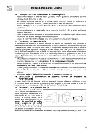Instrucciones para el usuario
55
6.4 Consejos prácticos para obtener ahorro energético
- Instalar el frigorífico en un ambiente fresco y aireado, evitando que reciba directamente los rayos
solares y alejado de fuentes de calor.
- No introducir alimentos calientes en el compartimiento frigorífico. Esperar el enfriamiento a
temperatura ambiente de alimentos y bebidas antes de colocarlos en los estantes.
- Reducir el tiempo y el n° de aperturas de la/s puerta/s a fin de evitar un excesivo calentamiento de
las cámaras.
- Limpiar periódicamente el condensador (parte trasera del frigorífico) a fin de evitar pérdidas de
eficiencia del aparato.
- En los modelos provistos de función de enfriamiento intensivo y congelación rápida, dejar activada
esta función sólo durante el tiempo efectivamente necesario.
- En caso de inactividad del frigorífico por largo tiempo, es conveniente vaciarlo y apagarlo.
6.5 Ruidosidad de funcionamiento
El enfriamiento del frigorífico se efectúa mediante un sistema de compresión. Para mantener la
temperatura seleccionada en el interior, el compresor se activa y, en función del enfriamiento requerido
y si es necesario, puede funcionar de modo continuo. Al activarse el compresor se produce un zumbido,
cuya intensidad tiende a disminuir después de algunos minutos. Otro ruido propio del funcionamiento
normal del frigorífico es el gorgoteo producido por la circulación del líquido refrigerante en el interior de
los tubos del circuito. Este ruido es normal y no indica malfuncionamiento del aparato. En caso de ser
excesivo podría deberse a otras causas que no sean aquéllas normales. En tal caso será necesario
verificar que:
- el frigorífico esté correctamente nivelado sobre el pavimento y no vibre durante el funcionamiento del
compresor: efectuar una correcta regulación de los pies de apoyo del aparato;
- los cajones, estantes y cubetas de la puerta estén correctamente colocados en sus alojamientos: de
ser necesario, colocarlos correctamente;
- botellas y recipientes estén correctamente colocados en los estantes y sin contacto entre sí,
dado que la vibración causada por el funcionamiento normal del compresor podría generar ruido
adicional;
- no poner en contacto el frigorífico con muebles ni otros electrodomésticos.
6.6 Localización y eliminación de posibles causas de anomalía de
funcionamiento
Su nuevo frigorífico ha sido diseñado y fabricado respetando rigurosos estándares cualitativos. En caso
de verificarse alguna anomalía de funcionamiento, este apartado le permitirá localizar el origen del
problema antes de contactarse con el Servicio de Asistencia Técnica Smeg.
6.7 Sustitución de la bombilla interna
Antes de sustituir la bombilla controlar
que su falta de encendido no se deba a
simple aflojamiento de la misma en el
portabombilla. En todo caso, antes de
verificar la correcta fijación de la
bombilla y su eventual sustitución, por
razones de seguridad se deberá
siempre desconectar el enchufe
respecto de la toma de corriente
(puede ser útil desmontar los estantes
para obtener un acceso más cómodo).
Desenroscar y extraer la bombilla. Enroscar una bombilla nueva de iguales características (E14, máx. 15 W).
 