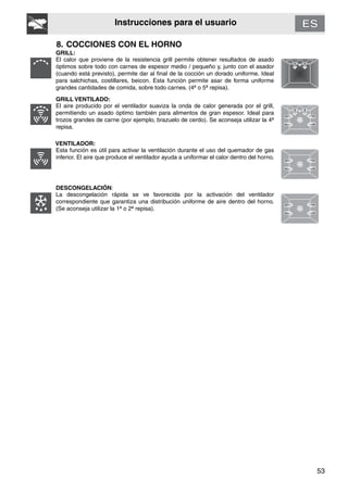 53
Instrucciones para el usuario
8. COCCIONES CON EL HORNO
GRILL:
El calor que proviene de la resistencia grill permite obtener resultados de asado
óptimos sobre todo con carnes de espesor medio / pequeño y, junto con el asador
(cuando está previsto), permite dar al final de la cocción un dorado uniforme. Ideal
para salchichas, costillares, beicon. Esta función permite asar de forma uniforme
grandes cantidades de comida, sobre todo carnes. (4ª o 5ª repisa).
GRILL VENTILADO:
El aire producido por el ventilador suaviza la onda de calor generada por el grill,
permitiendo un asado óptimo también para alimentos de gran espesor. Ideal para
trozos grandes de carne (por ejemplo, brazuelo de cerdo). Se aconseja utilizar la 4ª
repisa.
VENTILADOR:
Esta función es útil para activar la ventilación durante el uso del quemador de gas
inferior. El aire que produce el ventilador ayuda a uniformar el calor dentro del horno.
DESCONGELACIÓN:
La descongelación rápida se ve favorecida por la activación del ventilador
correspondiente que garantiza una distribución uniforme de aire dentro del horno.
(Se aconseja utilizar la 1ª o 2ª repisa).
 
