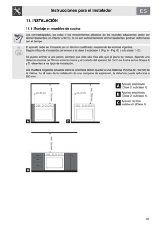 61
Instrucciones para el instalador
11. INSTALACIÓN
11.1 Montaje en muebles de cocina
Los contrachapados, las colas o los revestimientos plásticos de los muebles adyacentes deber ser
termorresistentes (no inferior a 90°C). Si no son suficientemente termorresistentes, podrían deformarse
con el tiempo.
El aparato debe ser instalado por un técnico cualificado, respetando las normas vigentes.
Según el tipo de instalación pertenece a la clase 2-subclase 1 (Fig. A - Fig. B) o a la clase 1 (C).
Se puede arrimar a una pared, siempre que ésta sea más alta que el plano de trabajo, dejando una
distancia mínima de 50 mm entre la misma y el costado del aparato, tal como se ilustra en los dibujos A
y C referentes a los tipos de instalación.
Los muebles colgantes situados sobre la encimera deben quedar a una distancia mínima de 750 mm de
la misma. En el caso de la instalación de una campana de aspiración, la distancia puede reducirse a
650 mm.
Aparato empotrado
(Clase 2, subclase 1)
Aparato empotrado
(Clase 2, subclase 1)
Aparato de libre
instalación (Clase 1)
 