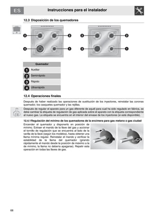 68
Instrucciones para el instalador
12.3 Disposición de los quemadores
Quemador
Auxiliar
Semirrápido
Rápido
Ultrarrápido
12.4 Operaciones finales
Después de haber realizado las operaciones de sustitución de los inyectores, reinstalar las coronas
quemador, los casquetes quemador y las rejillas.
Después de regular el aparato para un gas diferente de aquél para cual ha sido regulado en fábrica, se
debe cambiar la etiqueta de regulación de gas aplicada sobre el aparato con la etiqueta correspondiente
al nuevo gas. La etiqueta se encuentra en el interior del envase de los inyectores (si está disponible).
12.4.1Regulación del mínimo de los quemadores de la encimera para gas metano o gas ciudad
Encender el quemador y disponerlo en posición de
mínimo. Extraer el mando de la llave del gas y accionar
el tornillo de regulación que se encuentra al lado de la
varilla de la llave (según los modelos), hasta obtener una
llama mínima regular. Reinstalar el mando y verificar la
estabilidad de la llama del quemador (girando
rápidamente el mando desde la posición de máximo a la
de mínimo, la llama no debería apagarse). Repetir esta
operación en todas las llaves de gas.
 