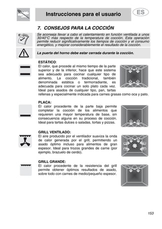 Instrucciones para el usuario
7. CONSEJOS PARA LA COCCIÓN
Se aconseja llevar a cabo el calentamiento en función ventilada a unos
30/40°C más respecto de la temperatura de cocción. Esta operación
permite reducir significativamente los tiempos de cocción y el consumo
energético, y mejorar considerablemente el resultado de la cocción.
La puerta del horno debe estar cerrada durante la cocción.
ESTÁTICO:
El calor, que procede al mismo tiempo de la parte
superior y de la inferior, hace que este sistema
sea adecuado para cocinar cualquier tipo de
alimento. La cocción tradicional, también
denominada estática o termorradiante, es
adecuada para cocinar un solo plato cada vez.
Ideal para asados de cualquier tipo, pan, tartas
rellenas y especialmente indicada para carnes grasas como oca y pato.
PLACA:
El calor procedente de la parte baja permite
completar la cocción de los alimentos que
requieren una mayor temperatura de base, sin
consecuencia alguna en su proceso de cocción.
Ideal para tartas dulces o saladas, tortas y pizzas.
GRILL VENTILADO:
El aire producido por el ventilador suaviza la onda
de calor generada por el grill, permitiendo un
asado óptimo incluso para alimentos de gran
espesor. Ideal para trozos grandes de carne (por
ejemplo, brazuelo de cerdo).
GRILL GRANDE:
El calor procedente de la resistencia del grill
permite obtener óptimos resultados de asado,
sobre todo con carnes de medio/pequeño espesor.
153
 