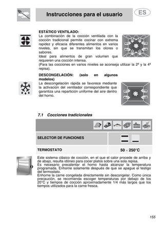 Instrucciones para el usuario
ESTÁTICO VENTILADO:
La combinación de la cocción ventilada con la
cocción tradicional permite cocinar con extrema
rapidez y eficacia diferentes alimentos en varios
niveles, sin que se transmitan los olores o
sabores.
Ideal para alimentos de gran volumen que
requieren una cocción intensa.
(Para las cocciones en varios niveles se aconseja utilizar la 2ª y la 4ª
repisa).
DESCONGELACIÓN: (solo en algunos
modelos)
La descongelación rápida se favorece mediante
la activación del ventilador correspondiente que
garantiza una repartición uniforme del aire dentro
del horno.
7.1 Cocciones tradicionales
SELECTOR DE FUNCIONES
50 ÷ 250°CTERMOSTATO
Este sistema clásico de cocción, en el que el calor procede de arriba y
de abajo, resulta idóneo para cocer platos sobre una sola repisa.
Es necesario precalentar el horno hasta alcanzar la temperatura
programada. Enhorne solamente después de que se apague el testigo
del termostato.
Enhorne la carne congelada directamente sin descongelar. Como única
precaución, se recomienda escoger temperaturas por debajo de los
20°C y tiempos de cocción aproximadamente 1/4 más largos que los
tiempos utilizados para la carne fresca.
155
 