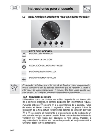 Instrucciones para el usuario
146
4.3 Reloj Analógico Electrónico (sólo en algunos modelos)
LISTA DE FUNCIONES
BOTÓN CUENTAMINUTOS
BOTÓN FIN DE COCCIÓN
REGULACIÓN DEL HORARIO Y RESET
BOTÓN DECREMENTO VALOR
BOTÓN INCREMENTO VALOR
El avisador acústico que intervendrá al finalizar cada programación
estará compuesto por 10 señales acústicas que se repetirán 3 veces a
intervalos de aproximadamente 1 minuto. En todo caso puede ser
interrumpido en cualquier momento pulsando cualquier botón.
4.3.1 Regulación de la hora
Utilizando el horno por primera vez, o bien después de una interrupción
de la corriente eléctrica, la pantalla parpadea con intermitencia regular.
Pulsando el botón se pone fin a la intermitencia de la pantalla. Pulse
de nuevo el botón durante 2 segundos; ahora se puede iniciar la
regulación de la hora actual. Pulsando los botones de variación del valor
o se obtiene el incremento o el decremento en la medida de un
minuto cada vez que se ejerce presión. Pulse uno de los dos botones de
variación del valor hasta que aparezca la hora actual. Pasados 5
segundos desde la última vez que se ha pulsado, el reloj comenzará a
funcionar desde la hora establecida.
 