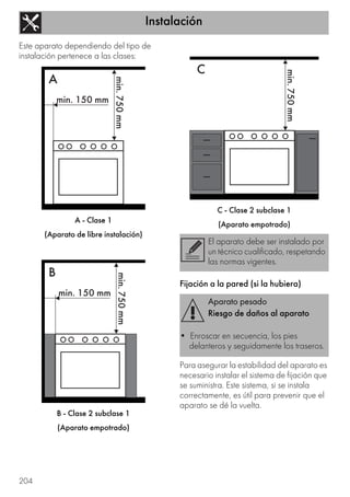 Instalación
204
Este aparato dependiendo del tipo de
instalación pertenece a las clases:
A - Clase 1
(Aparato de libre instalación)
B - Clase 2 subclase 1
(Aparato empotrado)
C - Clase 2 subclase 1
(Aparato empotrado)
Fijación a la pared (si la hubiera)
Para asegurar la estabilidad del aparato es
necesario instalar el sistema de fijación que
se suministra. Este sistema, si se instala
correctamente, es útil para prevenir que el
aparato se dé la vuelta.
El aparato debe ser instalado por
un técnico cualificado, respetando
las normas vigentes.
Aparato pesado
Riesgo de daños al aparato
• Enroscar en secuencia, los pies
delanteros y seguidamente los traseros.
 