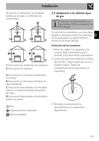 Instalación
103
ES
Al concluir su intervención, el instalador
tendrá que otorgar un certificado de
conformidad.
1 Evacuación por medio de una campana.
2 Evacuación sin campana.
A Evacuación en chimenea individual de
tiro natural.
B Evacuación en chimenea individual con
electroventilador.
C Evacuación directamente a la atmósfera
exterior con electroventilador de pared o
de vidrio.
D Evacuación directamente a la atmósfera
exterior en pared.
Aire
Productos de la combustión
Electroventilador
5.2 Adaptación a los distintos tipos
de gas
En caso de funcionamiento con otros tipos
de gas es necesario sustituir los inyectores
en los quemadores y regular la llama
mínima en las llaves del gas.
Sustitución de los inyectores
1. Retirar las rejillas, los casquetes y las
coronas de los quemadores para
acceder a las tazas de los quemadores.
2. Sustituir los inyectores mediante una llave
de tubo de 7 según el gas que se va a
emplear (véase Tablas de
características de los quemadores e
inyectores).
3. Reinstalar correctamente los
quemadores en sus respectivos
alojamientos.
El aparato ha sido probado con
gas metano G20 a una presión de
20 mbares.
 