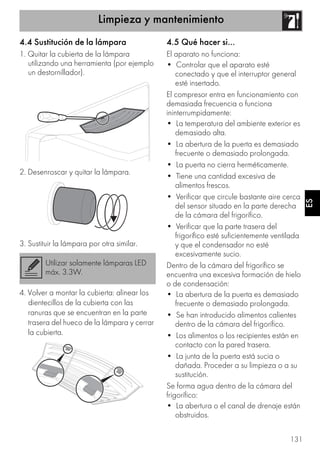 Limpieza y mantenimiento
131
ES
4.4 Sustitución de la lámpara
1. Quitar la cubierta de la lámpara
utilizando una herramienta (por ejemplo
un destornillador).
2. Desenroscar y quitar la lámpara.
3. Sustituir la lámpara por otra similar.
4. Volver a montar la cubierta: alinear los
dientecillos de la cubierta con las
ranuras que se encuentran en la parte
trasera del hueco de la lámpara y cerrar
la cubierta.
4.5 Qué hacer si…
El aparato no funciona:
• Controlar que el aparato esté
conectado y que el interruptor general
esté insertado.
El compresor entra en funcionamiento con
demasiada frecuencia o funciona
ininterrumpidamente:
• La temperatura del ambiente exterior es
demasiado alta.
• La abertura de la puerta es demasiado
frecuente o demasiado prolongada.
• La puerta no cierra herméticamente.
• Tiene una cantidad excesiva de
alimentos frescos.
• Verificar que circule bastante aire cerca
del sensor situado en la parte derecha
de la cámara del frigorífico.
• Verificar que la parte trasera del
frigorífico esté suficientemente ventilada
y que el condensador no esté
excesivamente sucio.
Dentro de la cámara del frigorífico se
encuentra una excesiva formación de hielo
o de condensación:
• La abertura de la puerta es demasiado
frecuente o demasiado prolongada.
• Se han introducido alimentos calientes
dentro de la cámara del frigorífico.
• Los alimentos o los recipientes están en
contacto con la pared trasera.
• La junta de la puerta está sucia o
dañada. Proceder a su limpieza o a su
sustitución.
Se forma agua dentro de la cámara del
frigorífico:
• La abertura o el canal de drenaje están
obstruidos.
Utilizar solamente lámparas LED
máx. 3.3W.
 