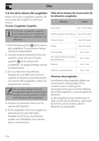 Uso
126
3.6 Uso de la cámara del congelador
Activar la función congelador superfrío 24
horas antes de congelar los alimentos
frescos.
Función Congelador Superfrío
1. Pulsar la tecla superfrío de la cámara
del congelador. Se enciende el testigo
naranja correspondiente.
2. Cuando se desea desactivar la función
superfrío, pulsar de nuevo la tecla
superfrío de la cámara del
congelador. Se apaga el testigo naranja
correspondiente.
3. Si no se interviene manualmente,
después de unas 48 horas la función
superfrío se desactiva automáticamente
y la cámara del congelador vuelve a la
programación anterior.
4. Introducir los alimentos frescos en los
cajones del frigorífico.
5. En el congelador No-Frost congelar los
alimentos en el cajón del medio.
Pasadas las 24 horas, los alimentos
pueden ser trasladados a los cajones
para su conservación.
Tabla de los tiempos de conservación de
los alimentos congelados
Alimentos descongelados
Los alimentos descongelados deben ser
consumidos lo antes posible. El frío
conserva, pero no destruye los
microorganismos que se activan después
de la descongelación y que estropean los
alimentos.
La descongelación parcial disminuye el
valor nutritivo de los alimentos, sobre todo
de la fruta y de la verdura y de los
alimentos ya preparados.
La función congelador superfrío
está destinada a la congelación
rápida de grandes cantidades de
alimentos.
Se aconseja utilizar la función
congelador superfrío en la primera
puesta en funcionamiento y antes
de la limpieza del congelador.
Alimentos Tiempo
Fruta, buey máx. 10-12 meses
Verdura, ternera, carne de ave máx. 8-10 meses
Carne de caza máx. 6-8 meses
Cerdo máx. 4-6 meses
Carne picada máx. 4 mes
Pan, dulces, alimentos cocidos,
pescado blanco
máx. 3 mes
Asadura máx. 2 mes
Salchichas, pescado graso máx. 1 mes
 