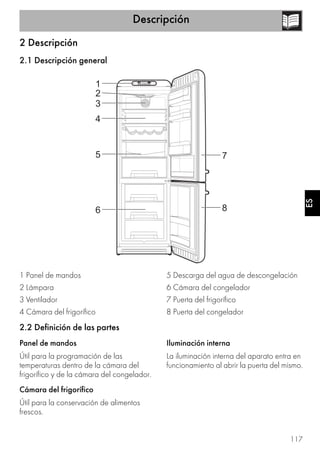 Descripción
117
ES
2 Descripción
2.1 Descripción general
1 Panel de mandos
2 Lámpara
3 Ventilador
4 Cámara del frigorífico
5 Descarga del agua de descongelación
6 Cámara del congelador
7 Puerta del frigorífico
8 Puerta del congelador
2.2 Definición de las partes
Panel de mandos
Útil para la programación de las
temperaturas dentro de la cámara del
frigorífico y de la cámara del congelador.
Cámara del frigorífico
Útil para la conservación de alimentos
frescos.
Iluminación interna
La iluminación interna del aparato entra en
funcionamiento al abrir la puerta del mismo.
 