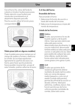 Uso
143
ES
Con el horno frío, retirar del fondo la
cubierta e introducir la placa para pizza.
Prestar atención a que la placa sea
introducida correctamente en el
alojamiento dispuesto para ello.
Para la cocción utilizar la función pizza
correspondiente .
Paleta pizza (sólo en algunos modelos)
Cojer la paleta para pizza siempre por el
mango de madera y hornear o deshornar
la comida. Se aconseja espolvorear
ligeramente la superficie de acero con
harina, para hacer que los productos
frescos puedan moverse bien, ya que al
estar húmedos, podrían adherirse al acero.
3.4 Uso del horno
Encendido del horno
Para encender el horno:
1. Seleccionar la función de cocción a
través del mando de funciones.
2. Seleccionar la temperatura a través del
mando de temperatura.
Listado de las funciones
Estático
El calor, que proviene a la vez de
la parte superior y de la parte
inferior, hace que este sistema sea
adecuado para cocinar
determinados tipos de alimentos. La
cocción tradicional, denominada
también estática es adecuada para
cocinar un solo plato a la vez. Ideal
para asados de cualquier tipo, pan,
tartas rellenas, resulta de todas
formas sobre todo indicada para
carnes grasas como ganso o pato.
Grill
El calor que proviene de la
resistencia grill permite obtener
resultados de asado óptimos sobre
todo con carnes de espesor
medio/pequeño y, junto con el
asador (cuando está previsto),
permite dar al final de la cocción un
dorado uniforme. Ideal para
salchichas, costillares, beicon. Esta
función permite asar de forma
uniforme grandes cantidades de
comida, sobre todo carnes.
 