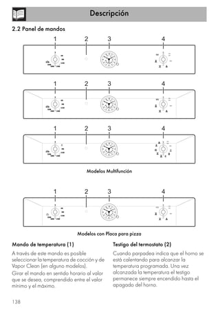 Descripción
138
2.2 Panel de mandos
Modelos Multifunción
Modelos con Placa para pizza
Mando de temperatura (1)
A través de este mando es posible
seleccionar la temperatura de cocción y de
Vapor Clean (en alguno modelos).
Girar el mando en sentido horario al valor
que se desea, comprendido entre el valor
mínimo y el máximo.
Testigo del termostato (2)
Cuando parpadea indica que el horno se
está calentando para alcanzar la
temperatura programada. Una vez
alcanzada la temperatura el testigo
permanece siempre encendido hasta el
apagado del horno.
 