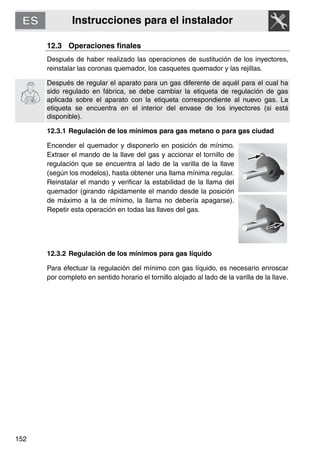Instrucciones para el instalador
152
12.3 Operaciones finales
Después de haber realizado las operaciones de sustitución de los inyectores,
reinstalar las coronas quemador, los casquetes quemador y las rejillas.
Después de regular el aparato para un gas diferente de aquél para el cual ha
sido regulado en fábrica, se debe cambiar la etiqueta de regulación de gas
aplicada sobre el aparato con la etiqueta correspondiente al nuevo gas. La
etiqueta se encuentra en el interior del envase de los inyectores (si está
disponible).
12.3.1 Regulación de los mínimos para gas metano o para gas ciudad
Encender el quemador y disponerlo en posición de mínimo.
Extraer el mando de la llave del gas y accionar el tornillo de
regulación que se encuentra al lado de la varilla de la llave
(según los modelos), hasta obtener una llama mínima regular.
Reinstalar el mando y verificar la estabilidad de la llama del
quemador (girando rápidamente el mando desde la posición
de máximo a la de mínimo, la llama no debería apagarse).
Repetir esta operación en todas las llaves del gas.
12.3.2 Regulación de los mínimos para gas líquido
Para efectuar la regulación del mínimo con gas líquido, es necesario enroscar
por completo en sentido horario el tornillo alojado al lado de la varilla de la llave.
 
