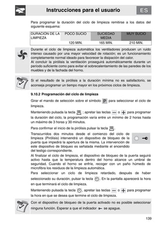 Instrucciones para el usuario
139
Para programar la duración del ciclo de limpieza remitirse a los datos del
siguiente esquema:
DURACIÓN DE LA
LIMPIEZA
POCO SUCIO SUCIEDAD
MEDIA
MUY SUCIO
120 MIN. 165 MIN. 210 MIN.
Durante el ciclo de limpieza automática los ventiladores producen un ruido
intenso causado por una mayor velocidad de rotación; es un funcionamiento
completamente normal ideado para favorecer la disipación del calor.
Al concluir la pirólisis la ventilación proseguirá automáticamente durante un
período suficiente como para evitar el sobrecalentamiento de las paredes de los
muebles y de la fachada del horno.
Si el resultado de la pirólisis a la duración mínima no es satisfactorio, se
aconseja programar un tiempo mayor en los próximos ciclos de limpieza.
9.10.2 Programación del ciclo de limpieza
Girar el mando de selección sobre el símbolo para seleccionar el ciclo de
limpieza.
Manteniendo pulsada la tecla ; apretar las teclas o para programar
la duración del ciclo, la programación varía entre un mínimo de 2 horas hasta
un máximo de 3 horas y 30 minutos.
Para confirmar el inicio de la pirólisis pulsar la tecla .
Transcurridos dos minutos desde el comienzo del ciclo de
limpieza (Pirólisis) intervendrá un dispositivo de bloqueo de la
puerta que impedirá la apertura de la misma. La intervención de
este dispositivo de bloqueo es señalada mediante el encendido
del testigo correspondiente.
Al finalizar el ciclo de limpieza, el dispositivo de bloqueo de la puerta seguirá
activo hasta que la temperatura dentro del horno alcance un umbral de
seguridad. Cuando el horno se enfríe, recoger con un paño húmedo de
microfibra los residuos de la limpieza automática.
Para seleccionar un ciclo de limpieza retardado, después de haber
seleccionado su duración, pulsar la tecla . En la pantalla aparecerá la hora
en que terminará el ciclo de limpieza.
Manteniendo pulsada la tecla , apretar las teclas o para programar
la hora en que se desea que termine el ciclo de limpieza.
Con el dispositivo de bloqueo de la puerta activado no es posible seleccionar
ninguna función. Esperar a que el indicador se apague.
 