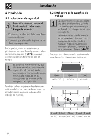 Instalación
124
5 Instalación
5.1 Indicaciones de seguridad
Enchapados, colas o revestimientos
plásticos en los muebles adyacentes deben
ser termorresistentes (>90°C), en caso
contrario podrían deformarse con el
tiempo.
También deben respetarse las distancias
mínimas de los recortes de la encimera en
el lado trasero, como se indica en los
dibujos de montaje.
5.2 Entalladura de la superficie de
trabajo
Practicar una abertura en la encimera del
mueble con las dimensiones indicadas.
Formación de calor durante el
funcionamiento del aparato
Riesgo de incendio
• Controlar que el material del mueble es
resistente al calor.
• Controlar que el mueble dispone de las
aberturas requeridas.
La distancia mínima que hay que
observar entre las campanas de
aspiración y la superficie de
cocción debe corresponder como
mínimo a la indicada en las
instrucciones de montaje de la
campana de aspiración.
La siguiente intervención necesita
una obra de albañilería y/o de
carpintería y por tanto tiene que
ser llevada a cabo por un técnico
competente.
La instalación se puede realizar
sobre materiales diversos, como
mampostería, metal, madera
maciza y madera revestida de
laminados plásticos, siempre que
sean resistentes al calor (>90°C).
L (mm) X (mm) Y (mm)
600 - 720 560÷564 482÷486
A (mm) B (mm) C (mm) D (mm) E (mm)
min 150 min 460 min 750 20÷60 min 50
 
