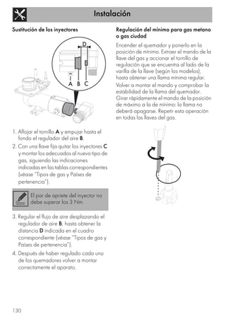 Instalación
130
Sustitución de los inyectores
1. Aflojar el tornillo A y empujar hasta el
fondo el regulador del aire B.
2. Con una llave fija quitar los inyectores C
y montar los adecuados al nuevo tipo de
gas, siguiendo las indicaciones
indicadas en las tablas correspondientes
(véase “Tipos de gas y Países de
pertenencia”).
3. Regular el flujo de aire desplazando el
regulador de aire B, hasta obtener la
distancia D indicada en el cuadro
correspondiente (véase “Tipos de gas y
Países de pertenencia”).
4. Después de haber regulado cada uno
de los quemadores volver a montar
correctamente el aparato.
Regulación del mínimo para gas metano
o gas ciudad
Encender el quemador y ponerlo en la
posición de mínimo. Extraer el mando de la
llave del gas y accionar el tornillo de
regulación que se encuentra al lado de la
varilla de la llave (según los modelos),
hasta obtener una llama mínima regular.
Volver a montar el mando y comprobar la
estabilidad de la llama del quemador.
Girar rápidamente el mando de la posición
de máximo a la de mínimo: la llama no
deberá apagarse. Repetir esta operación
en todas las llaves del gas.
El par de apriete del inyector no
debe superar los 3 Nm.
 