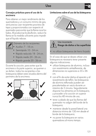 Uso
121
ES
Consejos prácticos para el uso de la
encimera
Para obtener un mejor rendimiento de los
quemadores y un consumo mínimo de gas,
será preciso usar recipientes provistos de
tapa y proporcionados con respecto al
quemador para evitar que la llama roce los
lados. Al producirse la ebullición, reducir la
llama en la medida suficiente para impedir
que el líquido rebose.
Durante la cocción, para evitar que la
encimera o la parte superior, se quemen o
se dañen, todos los recipientes o las
bistequeras deben estar situados dentro del
perímetro de la encimera.
Limitaciones sobre el uso de las bistequeras
En el caso de que se desee utilizar una
bistequera es necesario tener presente
algunas indicaciones:
• utilizar bistequeras de aluminio, incluso
con revestimiento antiadherente, de
dimensiones no superiores a 35 x 26
cm;
• con el fin de evitar daños al aparato y al
revestimiento de teflón, las bistequeras
de aluminio teflonado pueden ser
precalentadas en vacío durante un
máximo de 5 minutos. Seguidamente
disponer los alimentos en la bistequera,
y proceder a la cocción sin superar
nunca los 40 minutos de uso;
• tener cuidado de que las llamas del
quemador no salgan del borde de la
bistequera;
• mantener desde la pared lateral una
distancia mínima de 150 mm desde el
borde de la bistequera;
• no poner la bistequera en varios
quemadores al mismo tiempo.
Diámetro de los recipientes:
• Auxiliar: 7 - 18 cm.
• Semirápido 10 - 24 cm.
• Rápido reducido 18 - 24 cm.
• Rápido medio 20 - 26 cm.
• Rápido grande 20 - 26 cm.
Uso incorrecto
Riesgo de daños a las superficies
• no utilizar bistequeras de hierro forjado.
 