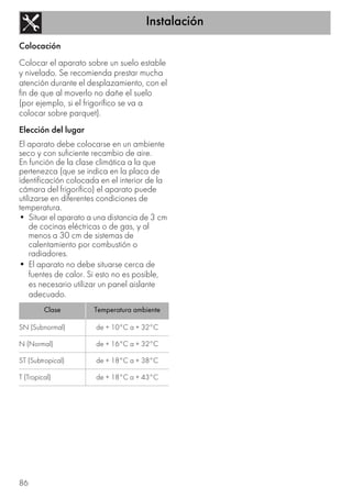 Instalación
86
Colocación
Colocar el aparato sobre un suelo estable
y nivelado. Se recomienda prestar mucha
atención durante el desplazamiento, con el
fin de que al moverlo no dañe el suelo
(por ejemplo, si el frigorífico se va a
colocar sobre parquet).
Elección del lugar
El aparato debe colocarse en un ambiente
seco y con suficiente recambio de aire.
En función de la clase climática a la que
pertenezca (que se indica en la placa de
identificación colocada en el interior de la
cámara del frigorífico) el aparato puede
utilizarse en diferentes condiciones de
temperatura.
• Situar el aparato a una distancia de 3 cm
de cocinas eléctricas o de gas, y al
menos a 30 cm de sistemas de
calentamiento por combustión o
radiadores.
• El aparato no debe situarse cerca de
fuentes de calor. Si esto no es posible,
es necesario utilizar un panel aislante
adecuado.
Clase Temperatura ambiente
SN (Subnormal) de + 10°C a + 32°C
N (Normal) de + 16°C a + 32°C
ST (Subtropical) de + 18°C a + 38°C
T (Tropical) de + 18°C a + 43°C
 