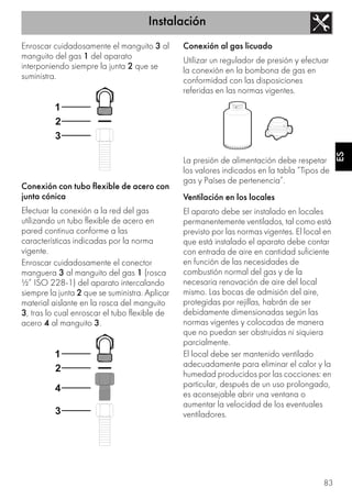 Instalación
83
ES
Enroscar cuidadosamente el manguito 3 al
manguito del gas 1 del aparato
interponiendo siempre la junta 2 que se
suministra.
Conexión con tubo flexible de acero con
junta cónica
Efectuar la conexión a la red del gas
utilizando un tubo flexible de acero en
pared continua conforme a las
características indicadas por la norma
vigente.
Enroscar cuidadosamente el conector
manguera 3 al manguito del gas 1 (rosca
½” ISO 228-1) del aparato intercalando
siempre la junta 2 que se suministra. Aplicar
material aislante en la rosca del manguito
3, tras lo cual enroscar el tubo flexible de
acero 4 al manguito 3.
Conexión al gas licuado
Utilizar un regulador de presión y efectuar
la conexión en la bombona de gas en
conformidad con las disposiciones
referidas en las normas vigentes.
La presión de alimentación debe respetar
los valores indicados en la tabla “Tipos de
gas y Países de pertenencia”.
Ventilación en los locales
El aparato debe ser instalado en locales
permanentemente ventilados, tal como está
previsto por las normas vigentes. El local en
que está instalado el aparato debe contar
con entrada de aire en cantidad suficiente
en función de las necesidades de
combustión normal del gas y de la
necesaria renovación de aire del local
mismo. Las bocas de admisión del aire,
protegidas por rejillas, habrán de ser
debidamente dimensionadas según las
normas vigentes y colocadas de manera
que no puedan ser obstruidas ni siquiera
parcialmente.
El local debe ser mantenido ventilado
adecuadamente para eliminar el calor y la
humedad producidos por las cocciones: en
particular, después de un uso prolongado,
es aconsejable abrir una ventana o
aumentar la velocidad de los eventuales
ventiladores.
 