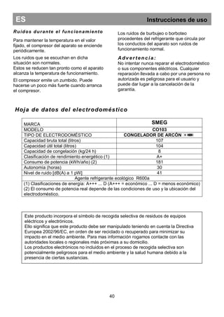 Hoja de datos del electrodoméstico
MARCA SMEG
MODELO CO103
TIPO DE ELECTRODOMÉSTICO CONGELADOR DE ARCÓN
Capacidad bruta total (litros) 107
Capacidad útil total (litros) 104
Capacidad de congelación (kg/24 h) 8
Clasificación de rendimiento energético (1) A+
Consumo de potencia (kWh/año) (2) 181
Autonomía (horas) 30
Nivel de ruido [dB(A) a 1 pW] 41
Agente refrigerante ecológico R600a
(1) Clasificaciones de energía: A+++ ... D (A+++ = económico ... D = menos económico)
(2) El consumo de potencia real depende de las condiciones de uso y la ubicación del
electrodoméstico.
ES Instrucciones de uso
Ruidos durante el funcionamiento
Para mantener la temperatura en el valor
fijado, el compresor del aparato se enciende
periódicamente.
Los ruidos que se escuchan en dicha
situación son normales.
Estos se reducen tan pronto como el aparato
alcanza la temperatura de funcionamiento.
El compresor emite un zumbido. Puede
hacerse un poco más fuerte cuando arranca
el compresor.
Los ruidos de burbujeo o borboteo
procedentes del refrigerante que circula por
los conductos del aparato son ruidos de
funcionamiento normal.
Adv er ten ci a:
No intentar nunca reparar el electrodoméstico
o sus componentes eléctricos. Cualquier
reparación llevada a cabo por una persona no
autorizada es peligrosa para el usuario y
puede dar lugar a la cancelación de la
garantía.
Este producto incorpora el símbolo de recogida selectiva de residuos de equipos
eléctricos y electrónicos.
Ello significa que este producto debe ser manipulado teniendo en cuenta la Directiva
Europea 2002/96/EC, en orden de ser reciclado o recuperado para minimizar su
impacto en el medio ambiente. Para mas información rogamos contacte con las
autoridades locales o regionales más próximas a su domicilio.
Los productos electrónicos no incluidos en el proceso de recogida selectiva son
potencialmente peligrosos para el medio ambiente y la salud humana debido a la
presencia de ciertas sustancias.
40
 