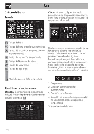 Uso
140
3.4 Uso del horno
Pantalla
Testigo del reloj
Testigo del temporizador cuentaminutos
Testigo de la cocción temporizada con
inicio retrardado
Testigo de la cocción temporizada
Testigo del bloqueo de niños
Testigo de show room
Testigo de eco logic
Nivel de alcance de la temperatura
Condiciones de funcionamiento
Stand-by: Cuando no está seleccionada
ninguna función la pantalla muestra la hora
actual y el símbolo .
ON: Al iniciarse cualquier función, la
pantalla muestra los parámetros ajustados,
como temperatura, duración y el nivel de la
temperatura alcanzado.
Cada vez que se presiona el mando de la
temperatura durante una función, se
avanza cíclicamente en el estado de los
parámetros en el orden siguiente.
En cada estado es posible modificar el
valor girando el mando de la temperatura
hacia la derecha o hacia la izquierda.
Mantener girado el mando para obtener
un aumento o una disminución más rápidos.
1. Temperatura
2. Duración del temporizador
cuentaminutos
3. Duración de la función
4. Duración de la cocción programada (si
ha sido seleccionada una cocción
temporizada)
5. Visualización de la hora
 