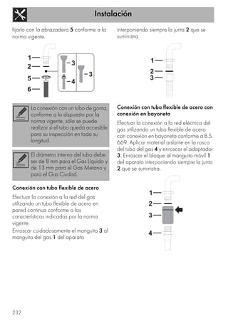 Instalación
232
fijarlo con la abrazadera 5 conforme a la
norma vigente.
Conexión con tubo flexible de acero
Efectuar la conexión a la red del gas
utilizando un tubo flexible de acero en
pared continua conforme a las
características indicadas por la norma
vigente.
Enroscar cuidadosamente el manguito 3 al
manguito del gas 1 del aparato
interponiendo siempre la junta 2 que se
suministra
Conexión con tubo flexible de acero con
conexión en bayoneta
Efectuar la conexión a la red eléctrica del
gas utilizando un tubo flexible de acero
con conexión en bayoneta conforme a B.S.
669. Aplicar material aislante en la rosca
del tubo del gas 4 y enroscar el adaptador
3. Enroscar el bloque al manguito móvil 1
del aparato interponiendo siempre la junta
2 que se suministra.
La conexión con un tubo de goma,
conforme a lo dispuesto por la
norma vigente, sólo se puede
realizar si el tubo queda accesible
para su inspección en toda su
longitud.
El diámetro interno del tubo debe
ser de 8 mm para el Gas Líquido y
de 13 mm para el Gas Metano y
para el Gas Ciudad.
 