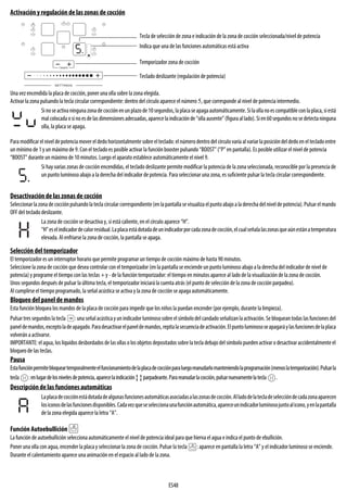 ES48
Activación y regulación de las zonas de cocción
Una vez encendida la placa de cocción, poner una olla sobre la zona elegida.
Activar la zona pulsando la tecla circular correspondiente: dentro del círculo aparece el número 5, que corresponde al nivel de potencia intermedio.
Paramodificarelniveldepotenciamovereldedohorizontalmentesobreelteclado:elnúmerodentrodelcírculovaríaalvariarlaposicióndeldedoenelteclado entre
un mínimo de 1 y un máximo de 9. Con el teclado es posible activar la función booster pulsando “BOOST” (“P” en pantalla). Es posible utilizar el nivel de potencia
“BOOST” durante un máximo de 10 minutos. Luego el aparato establece automáticamente el nivel 9.
Desactivación de las zonas de cocción
Seleccionarlazonade cocciónpulsandolateclacircularcorrespondiente(enlapantallasevisualizaelpuntoabajoaladerechadelnivelde potencia).Pulsarelmando
OFF del teclado deslizante.
Selección del temporizador
El temporizador es un interruptor horario que permite programar un tiempo de cocción máximo de hasta 90 minutos.
Seleccione la zona de cocción que desea controlar con el temporizador (en la pantalla se enciende un punto luminoso abajo a la derecha del indicador de nivel de
potencia) y programe el tiempo con las teclas + y - de la función temporizador: el tiempo en minutos aparece al lado de la visualización de la zona de cocción.
Unos segundos después de pulsar la última tecla, el temporizador iniciará la cuenta atrás (el punto de selección de la zona decocción parpadea).
Al cumplirse el tiempo programado, la señal acústica se activa y la zona de cocción se apaga automáticamente.
Bloqueo del panel de mandos
Esta función bloquea los mandos de la placade cocción para impedir que los niños la puedan encender (por ejemplo, durante la limpieza).
Pulsartressegundoslatecla :unaseñalacústicayunindicadorluminososobreelsímbolodelcandadoseñalizanlaactivación.Sebloqueantodaslasfuncionesdel
paneldemandos,exceptoladeapagado.Paradesactivarelpaneldemandos,repitalasecuenciadeactivación.Elpuntoluminososeapagaráylasfuncionesdelaplaca
volverán a activarse.
IMPORTANTE: elagua,loslíquidosdesbordadosde las ollasolosobjetosdepositados sobrela tecladebajodelsímbolopuedenactivarodesactivaraccidentalmente el
bloqueo de las teclas.
Pausa
Estafunciónpermitebloqueartemporalmenteelfuncionamientodelaplacadecocciónparaluegoreanudarlomanteniendolaprogramación(menoslatemporización).Pulsarla
tecla :enlugardelosnivelesdepotencia,aparecelaindicación parpadeante.Parareanudarlacocción,pulsarnuevamentelatecla .
Descripción de las funciones automáticas
Función Autoebullición
La función de autoebullición selecciona automáticamente el nivel de potencia ideal para que hierva el agua e indica el punto de ebullición.
Poner una olla con agua, encender la placa y seleccionar la zona de cocción. Pulsar la tecla : aparece en pantalla la letra “A” y el indicador luminoso se enciende.
Durante el calentamiento aparece una animación en el espacio al lado de la zona.
Sinoseactivaningunazonadecocciónenunplazode10segundos,laplacaseapagaautomáticamente.Silaollanoescompatibleconlaplaca,siestá
malcolocadaosinoesdelasdimensionesadecuadas,aparecelaindicaciónde“ollaausente”(figuraallado).Sien60segundosnosedetectaninguna
olla, la placa se apaga.
Si hay varias zonas de cocción encendidas, el teclado deslizante permite modificar la potencia de lazona seleccionada, reconocible por la presencia de
un punto luminoso abajo a la derecha del indicador de potencia. Para seleccionar una zona, es suficiente pulsar la tecla circular correspondiente.
La zona de cocción se desactiva y, siestá caliente, en el círculo aparece “H”.
“H”eselindicadordecalorresidual.Laplacaestádotadadeunindicadorporcadazonadecocción,elcualseñalalaszonasqueaúnestánatemperatura
elevada. Al enfriarse la zona de cocción, la pantalla se apaga.
Laplacadecocciónestádotadadealgunasfuncionesautomáticasasociadasalaszonasdecocción.Alladodelatecladeseleccióndecadazonaaparecen
losiconosdelasfuncionesdisponibles.Cadavezqueseseleccionaunafunciónautomática,apareceunindicadorluminosojuntoalicono,yenlapantalla
de la zona elegida aparece la letra “A”.
Indica que una de las funciones automáticas está activa
Temporizador zona de cocción
Tecla de selección de zona e indicación de la zona de cocción seleccionada/nivel de potencia
Teclado deslizante (regulación de potencia)
 
