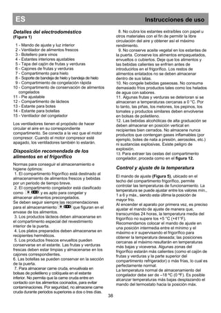 Detalles del electrodoméstico
(Figura 1)
1 - Mando de ajuste y luz interior
2 - Ventilador de alimentos frescos
3 - Botellero para vinos
4 - Estantes interiores ajustables
5 - Tapa del cajón de frutas y verduras
6 - Cajones de frutas y verduras
7 - Compartimento para hielo
8 - Soporte de bandeja de hielo y bandeja de hielo
9 - Compartimiento de congelación rápida
10 - Compartimento de conservación de alimentos
congelados
11 - Pie ajustable
12 - Compartimento de lácteos
13 - Estante para botes
14 - Estante para botellas
15 - Ventilador del congelador
Los ventiladores tienen el propósito de hacer
circular el aire en su correspondiente
compartimento. Se conecta a la vez que el motor
compresor. Cuando el motor compresor esté
apagado, los ventiladores también lo estarán.
Disposición recomendada de los
alimentos en el frigorífico
Normas para conseguir el almacenamiento e
higiene óptimos:
1. El compartimento frigorífico está destinado al
almacenamiento de alimentos frescos y bebidas
por un periodo de tiempo breve.
2. El compartimento congelador está clasificado
como y es apto para congelar y
almacenar alimentos precongelados.
Se deben seguir siempre las recomendaciones
para el almacenamiento que figuran en el
envase de los alimentos.
3. Los productos lácteos deben almacenarse en
el compartimento especial del revestimiento
interior de la puerta.
4. Los platos preparados deben almacenarse en
recipientes herméticos.
5. Los productos frescos envueltos pueden
conservarse en el estante. Las frutas y verduras
frescas deben estar limpias y almacenarse en los
cajones correspondientes.
6. Las botellas se pueden conservar en la sección
de la puerta.
7. Para almacenar carne cruda, envuélvala en
bolsas de polietileno y colóquela en el estante
inferior. No permita que la carne cruda entre en
contacto con los alimentos cocinados, para evitar
contaminaciones. Por seguridad, no almacene carne
cruda durante periodos superiores a dos o tres días.
ES Instrucciones de uso
38
8. No cubra los estantes extraíbles con papel u
otros materiales con el fin de permitir la libre
circulación del aire y obtener así el máximo
rendimiento.
9. No conserve aceite vegetal en los estantes de
la puerta. Conserve los alimentos empaquetados,
envueltos o cubiertos. Deje que los alimentos y
las bebidas calientes se enfríen antes de
introducirlos en el frigorífico. Los restos de
alimentos enlatados no se deben almacenar
dentro de sus latas.
10. No congele bebidas gaseosas. No consuma
demasiado fríos productos tales como los helados
de agua con sabores.
11. Algunas frutas y verduras se deterioran si se
almacenan a temperaturas cercanas a 0 °C. Por
lo tanto, las piñas, los melones, los pepinos, los
tomates y productos similares deben envolverse
en bolsas de polietileno.
12. Las bebidas alcohólicas de alta graduación se
deben almacenar en posición vertical en
recipientes bien cerrados. No almacene nunca
productos que contengan gases inflamables (por
ejemplo, botes de nata a presión, aerosoles, etc.)
ni sustancias explosivas. Existe peligro de
explosión.
13. Para extraer las cestas del compartimento
congelador, proceda como en el figura 12.
Control y ajuste de la temperatura
El mando de ajuste (Figura 5), ubicado en el
techo del compartimento frigorífico, permite
controlar las temperaturas de funcionamiento. La
temperatura se puede ajustar entre los valores mín.,
1 a 6 y máx., siendo esta última la posición de
mayor frío.
Al encender el aparato por primera vez, es preciso
ajustar el mando de ajuste de manera que,
transcurridas 24 horas, la temperatura media del
frigorífico no supere los +5 °C (+41°F).
Recomendamos colocar el mando de ajuste en
una posición intermedia entre el mínimo y el
máximo e ir supervisando el frigorífico para
obtener la temperatura deseada; las posiciones
cercanas al máximo resultarán en temperaturas
más bajas y viceversa. Algunas zonas del
frigorífico estarán más calientes (como el cajón de
frutas y verduras y la parte superior del
compartimento refrigerador) o más frías, lo cual es
perfectamente normal.
La temperatura normal de almacenamiento del
congelador debe ser de –18 ºC (0 ºF). Es posible
alcanzar temperaturas más bajas desplazando el
mando del termostato hacia la posición máx.
 