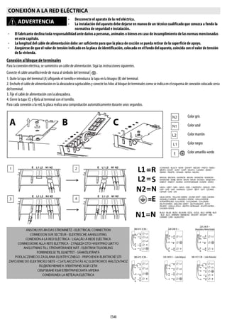 ES40
Conexión al bloque de terminales
Para la conexión eléctrica, se suministra un cable de alimentación. Siga las instrucciones siguientes.
Conecte el cable amarillo/verde de masa al símbolo del terminal .
1. Quite la tapa del terminal (A) aflojando el tornillo e introduzca la tapa en la bisagra (B) del terminal.
2.Enchufeelcabledealimentaciónenlaabrazaderasujetacablesyconecteloshilosalbloquedeterminalescomoseindicaenelesquemade conexióncolocadocerca
del terminal.
3. Fije el cable de alimentación con la abrazadera.
4. Cierre la tapa (C) y fíjela al terminal con el tornillo.
Para cada conexión a la red, la placa realiza una comprobación automáticamente durante unos segundos.
CONEXIÓN A LA RED ELÉCTRICA
ADVERTENCIA
- Desconecte el aparato de la red eléctrica.
- La instalación del aparato debe dejarse en manosde un técnico cualificado que conozca a fondo la
normativa de seguridad e instalación.
- El fabricante declina toda responsabilidad ante daños a personas, animales o bienes en caso de incumplimiento de las normas mencionadas
en este capítulo.
- La longitud del cable de alimentación debe ser suficiente para que la placa de cocción se pueda retirar de la superficie de apoyo.
- Asegúresedequeelvalor detensión indicado en laplacade identificación, colocada enelfondodelaparato,coincida conelvalorde tensión
de la vivienda.
CBA
Color gris
Color azul
Color marrón
Color negro
Color amarillo-verde
N1 N2L1 L2E N1 N2L1 L2E
N1 N2L1 L2E N1 N2L1 L2E
L1
L2
N2
N1
N
380-415V
380-415V
220-240V
220-240V 380-415V
220-240V
230-240V220-240 V ~
(Australia y Reino Unido)
220-240 V 3 ~ (sólo Bélgica) 380-415 V 2N ~ (sólo Holanda)
380-415 V 3N~ 220-240 V ~
380-415 V 2N~
 