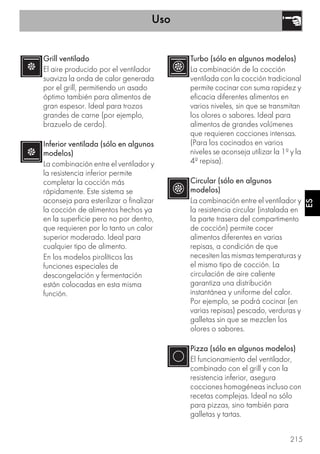 Uso
215
ES
Grill ventilado
El aire producido por el ventilador
suaviza la onda de calor generada
por el grill, permitiendo un asado
óptimo también para alimentos de
gran espesor. Ideal para trozos
grandes de carne (por ejemplo,
brazuelo de cerdo).
Inferior ventilada (sólo en algunos
modelos)
La combinación entre el ventilador y
la resistencia inferior permite
completar la cocción más
rápidamente. Este sistema se
aconseja para esterilizar o finalizar
la cocción de alimentos hechos ya
en la superficie pero no por dentro,
que requieren por lo tanto un calor
superior moderado. Ideal para
cualquier tipo de alimento.
En los modelos pirolíticos las
funciones especiales de
descongelación y fermentación
están colocadas en esta misma
función.
Turbo (sólo en algunos modelos)
La combinación de la cocción
ventilada con la cocción tradicional
permite cocinar con suma rapidez y
eficacia diferentes alimentos en
varios niveles, sin que se transmitan
los olores o sabores. Ideal para
alimentos de grandes volúmenes
que requieren cocciones intensas.
(Para los cocinados en varios
niveles se aconseja utilizar la 1ª y la
4ª repisa).
Circular (sólo en algunos
modelos)
La combinación entre el ventilador y
la resistencia circular (instalada en
la parte trasera del compartimento
de cocción) permite cocer
alimentos diferentes en varias
repisas, a condición de que
necesiten las mismas temperaturas y
el mismo tipo de cocción. La
circulación de aire caliente
garantiza una distribución
instantánea y uniforme del calor.
Por ejemplo, se podrá cocinar (en
varias repisas) pescado, verduras y
galletas sin que se mezclen los
olores o sabores.
Pizza (sólo en algunos modelos)
El funcionamiento del ventilador,
combinado con el grill y con la
resistencia inferior, asegura
cocciones homogéneas incluso con
recetas complejas. Ideal no sólo
para pizzas, sino también para
galletas y tartas.
 