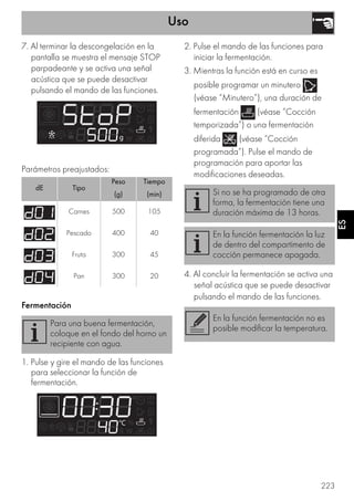 Uso
223
ES
7. Al terminar la descongelación en la
pantalla se muestra el mensaje STOP
parpadeante y se activa una señal
acústica que se puede desactivar
pulsando el mando de las funciones.
Parámetros preajustados:
Fermentación
1. Pulse y gire el mando de las funciones
para seleccionar la función de
fermentación.
2. Pulse el mando de las funciones para
iniciar la fermentación.
3. Mientras la función está en curso es
posible programar un minutero
(véase “Minutero”), una duración de
fermentación (véase “Cocción
temporizada”) o una fermentación
diferida (véase “Cocción
programada”). Pulse el mando de
programación para aportar las
modificaciones deseadas.
4. Al concluir la fermentación se activa una
señal acústica que se puede desactivar
pulsando el mando de las funciones.
dE Tipo
Peso
(g)
Tiempo
(min)
Carnes 500 105
Pescado 400 40
Fruta 300 45
Pan 300 20
Para una buena fermentación,
coloque en el fondo del horno un
recipiente con agua.
Si no se ha programado de otra
forma, la fermentación tiene una
duración máxima de 13 horas.
En la función fermentación la luz
de dentro del compartimento de
cocción permanece apagada.
En la función fermentación no es
posible modificar la temperatura.
 