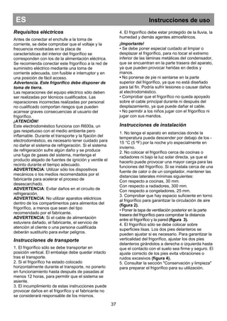 ES Instrucciones de uso
37
Requisitos eléctricos
Antes de conectar el enchufe a la toma de
corriente, se debe comprobar que el voltaje y la
frecuencia mostradas en la placa de
características del interior del frigorífico se
corresponden con los de la alimentación eléctrica.
Se recomienda conectar este frigorífico a la red de
suministro eléctrico mediante una toma de
corriente adecuada, con fusible e interruptor y en
una posición de fácil acceso.
Advertencia. Este frigorífico debe disponer de
toma de tierra.
Las reparaciones del equipo eléctrico sólo deben
ser realizadas por técnicos cualificados. Las
reparaciones incorrectas realizadas por personal
no cualificado comportan riesgos que pueden
acarrear graves consecuencias al usuario del
frigorífico.
¡ATENCIÓN!
Este electrodoméstico funciona con R600a, un
gas respetuoso con el medio ambiente pero
inflamable. Durante el transporte y la fijación del
electrodoméstico, es necesario tener cuidado para
no dañar el sistema de refrigeración. Si el sistema
de refrigeración sufre algún daño y se produce
una fuga de gases del sistema, mantenga el
producto alejado de fuentes de ignición y ventile el
recinto durante el tiempo adecuado.
ADVERTENCIA: Utilizar sólo los dispositivos
mecánicos o los medios recomendados por el
fabricante para acelerar el proceso de
desescarchado.
ADVERTENCIA: Evitar daños en el circuito de
refrigeración.
ADVERTENCIA: No utilizar aparatos eléctricos
dentro de los compartimentos para alimentos del
frigorífico, a menos que sean del tipo
recomendado por el fabricante.
ADVERTENCIA: Si el cable de alimentación
estuviera dañado, el fabricante, el servicio de
atención al cliente o una persona cualificada
deberán sustituirlo para evitar peligros.
Instrucciones de transporte
1. El frigorífico sólo se debe transportar en
posición vertical. El embalaje debe quedar intacto
tras el transporte.
2. Si el frigorífico ha estado colocado
horizontalmente durante el transporte, no ponerlo
en funcionamiento hasta después de pasadas al
menos 12 horas, para permitir que el sistema se
asiente.
3. El incumplimiento de estas instrucciones puede
provocar daños en el frigorífico y el fabricante no
se considerará responsable de los mismos.
4. El frigorífico debe estar protegido de la lluvia, la
humedad y demás agentes atmosféricos.
¡Importante!
• Se debe poner especial cuidado al limpiar o
desplazar el frigorífico, para no tocar el extremo
inferior de las láminas metálicas del condensador,
que se encuentran en la parte trasera del aparato,
ya que pueden provocar heridas en dedos y
manos.
• No ponerse de pie ni sentarse en la parte
superior del frigorífico, ya que no está diseñado
para tal fin. Podría sufrir lesiones o causar daños
al electrodoméstico.
• Comprobar que el frigorífico no queda apoyado
sobre el cable principal durante ni después del
desplazamiento, ya que puede dañar el cable.
• No permitir a los niños jugar con el frigorífico ni
jugar con sus mandos.
Instrucciones de instalación
1. No tenga el aparato en estancias donde la
temperatura pueda descender por debajo de los -
15 °C (5 ºF) por la noche y/o especialmente en
invierno.
2. No colocar el frigorífico cerca de cocinas o
radiadores ni bajo la luz solar directa, ya que el
hacerlo puede provocar una mayor carga para las
funciones del frigorífico. Si se instala cerca de una
fuente de calor o de un congelador, mantener las
distancias laterales mínimas siguientes:
Con respecto a cocinas, 30 mm.
Con respecto a radiadores, 300 mm.
Con respecto a congeladores, 25 mm.
3. Comprobar que hay espacio suficiente en torno
al frigorífico para garantizar la circulación de aire
(figura 2).
• Poner la tapa de ventilación posterior en la parte
trasera del frigorífico para comprobar la distancia
entre el frigorífico y la pared (figura 3).
4. El frigorífico sólo se debe colocar sobre
superficies lisas. Los dos pies delanteros se
pueden ajustar si es necesario. Para garantizar la
verticalidad del frigorífico, ajustar los dos pies
delanteros girándolos a derecha o izquierda hasta
que el contacto con el suelo sea firme y seguro. El
ajuste correcto de los pies evita vibraciones o
ruidos excesivos (figura 4).
5. Consultar la sección "Conservación y limpieza"
para preparar el frigorífico para su utilización.
 