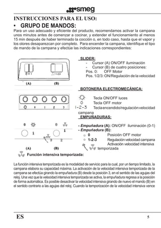 ES 5
INSTRUCCIONES PARA EL USO:
  SLIDER:
-	 Cursor (A) ON/OFF iluminación
-	 Cursor (B) de cuatro posiciones:
Pos. 0:      OFF Motor
Pos. 1/2/3: ON/Regulación de la velocidad
  BOTONERA ELECTROMECÁNICA:
	 Tecla ON/OFF luces
	 Tecla OFF motor
	 Teclaencendido/regulaciónvelocidad
campana
  EMPUÑADURAS:
- Empuñadura (A): ON/OFF  iluminación (0-1)
- Empuñadura (B):
	 	 0	 	 Posición OFF motor
	 	 1-2-3		 Regulación velocidad campana
	 	 	 	 Activación velocidad intensiva 	
	 	 	 temporizada
•	 GRUPO DE MANDOS:
Para un uso adecuado y eficiente del producto, recomendamos activar la campana
unos minutos antes de comenzar a cocinar, y extender el funcionamiento al menos
15 min después de haber terminado la cocción o, en todo caso, hasta que el vapor y
los olores desaparezcan por completo.  Para encender la campana, identifique el tipo
de mando de la campana y efectúe las indicaciones correspondientes:
Función intensiva temporizada:
La función intensiva temporizada es la modalidad de servicio para la cual, por un tiempo limitado, la
campana elabora su capacidad máxima. La activación de la velocidad intensiva temporizada de la
campana se efectúa girando la empuñadura (B) desde la posición 3, en el sentido de las agujas del
reloj. Una vez que la velocidad intensiva temporizada se activa, la empuñadura regresa a la posición
de forma automática. Es posible desactivar la velocidad intensiva girando de nuevo el mando (B) en
el sentido contrario a las agujas del reloj. Cuando la temporización de la velocidad intensiva vence
 