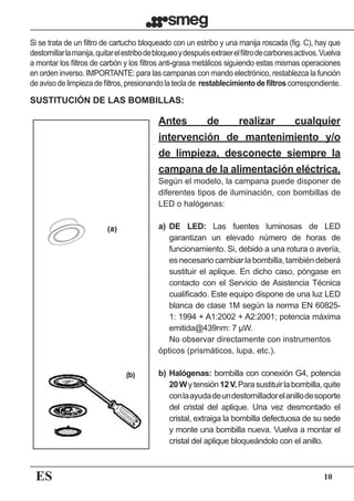 ES 10
Si se trata de un filtro de cartucho bloqueado con un estribo y una manija roscada (fig. C), hay que
destornillarlamanija,quitarelestribodebloqueoydespuésextraerelfiltrodecarbonesactivos.Vuelva
a montar los filtros de carbón y los filtros anti-grasa metálicos siguiendo estas mismas operaciones
en orden inverso. IMPORTANTE: para las campanas con mando electrónico, restablezca la función
deavisodelimpiezadefiltros,presionandolateclade  restablecimientodefiltroscorrespondiente.
Antes de realizar cualquier
intervención de mantenimiento y/o
de limpieza, desconecte siempre la
campana de la alimentación eléctrica.
Según el modelo, la campana puede disponer de
diferentes tipos de iluminación, con bombillas de
LED o halógenas:
a)	 DE LED: Las fuentes luminosas de LED
garantizan un elevado número de horas de
funcionamiento. Si, debido a una rotura o avería,
esnecesariocambiarlabombilla,tambiéndeberá
sustituir el aplique. En dicho caso, póngase en
contacto con el Servicio de Asistencia Técnica
cualificado. Este equipo dispone de una luz LED
blanca de clase 1M según la norma EN 60825-
1: 1994 + A1:2002 + A2:2001; potencia máxima
emitida@439nm: 7 μW.  
	 No observar directamente con instrumentos 	
ópticos (prismáticos, lupa, etc.).
b)	Halógenas: bombilla con conexión G4, potencia
20Wytensión12V.Parasustituirlabombilla,quite
conlaayudadeundestornilladorelanillodesoporte
del cristal del aplique. Una vez desmontado el
cristal, extraiga la bombilla defectuosa de su sede
y monte una bombilla nueva. Vuelva a montar el
cristal del aplique bloqueándolo con el anillo.
SUSTITUCIÓN DE LAS BOMBILLAS:
 