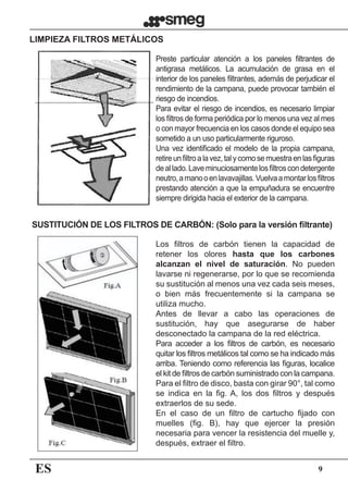 ES 9
Preste particular atención a los paneles filtrantes de
antigrasa metálicos. La acumulación de grasa en el
interior de los paneles filtrantes, además de perjudicar el
rendimiento de la campana, puede provocar también el
riesgo de incendios.
Para evitar el riesgo de incendios, es necesario limpiar
los filtros de forma periódica por lo menos una vez al mes
o con mayor frecuencia en los casos donde el equipo sea
sometido a un uso particularmente riguroso.
Una vez identificado el modelo de la propia campana,
retireunfiltroalavez,talycomosemuestraenlasfiguras
deallado.Laveminuciosamentelosfiltroscondetergente
neutro,amanooenlavavajillas.Vuelvaamontarlosfiltros
prestando atención a que la empuñadura se encuentre
siempre dirigida hacia el exterior de la campana.
Los filtros de carbón tienen la capacidad de
retener los olores hasta que los carbones
alcanzan el nivel de saturación. No pueden
lavarse ni regenerarse, por lo que se recomienda
su sustitución al menos una vez cada seis meses,
o bien más frecuentemente si la campana se
utiliza mucho.
Antes de llevar a cabo las operaciones de
sustitución, hay que asegurarse de haber
desconectado la campana de la red eléctrica.
Para acceder a los filtros de carbón, es necesario
quitar los filtros metálicos tal como se ha indicado más
arriba. Teniendo como referencia las figuras, localice
el kit de filtros de carbón suministrado con la campana.
Para el filtro de disco, basta con girar 90°, tal como
se indica en la fig. A, los dos filtros y después
extraerlos de su sede.
En el caso de un filtro de cartucho fijado con
muelles (fig. B), hay que ejercer la presión
necesaria para vencer la resistencia del muelle y,
después, extraer el filtro.
LIMPIEZA FILTROS METÁLICOS
SUSTITUCIÓN DE LOS FILTROS DE CARBÓN: (Solo para la versión filtrante)
 