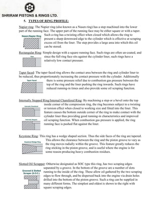 5. TYPES OF RING PROFILE:
Napier ring: The Napier ring (also known as a Nasen ring) has a step machined into the lower
part of the running face. The upper part of the running face may be either square or with a taper.
Such a ring has a twisting effect when closed which allows the ring to
present a sharp downward edge to the cylinder which is effective at scraping
excess oil from the liner. The step provides a large area into which this oil
can be stored.
Rectangular Ring: Simple design with a square running face. Such rings are often un-coated, and
since the full ring face sits against the cylinder liner, such rings have a
relatively low contact pressure.
Taper faced: The taper faced ring allows the contact area between the ring and cylinder liner to
be reduced, thus proportionately increasing the contact pressure with the cylinder. Additionally
there is some pressure relief due to combustion gas pressure between the
top of the ring and the liner pushing the ring inwards. Such rings have
reduced running-in times and also provide some oil scraping function.
Internally Stepped Ring/Internal Chamfered Ring: By machining a step or a bevel onto the top
inside corner of the compression ring, the ring becomes subject to a twisting
or torsion effect when closed to working size and fitted into the liner. This
feature causes the bottom outside corner of the ring to make contact with the
cylinder liner thus providing good running-in characteristics and improved
oil scraping function. When combustion gas pressure is applied, the ring
running face is pushed flat against the liner.
Keystone Ring: This ring has a wedge shaped section. Thus the side faces of the ring are tapered.
This allows the clearance between the ring and the piston groove to vary as
the ring moves radially within the groove. This feature greatly reduces the
ring sticking in the piston groove, and is useful where the engine is for
some reason producing heavy combustion residues.
Slotted Oil Scrapper: Otherwise designated as SOC type this ring, has two scraping edges
separated by a groove. In the bottom of the groove are a number of slots
running to the inside of the ring. These allow oil gathered by the two scraping
edges to flow through, and be dispersed back into the engine via drain holes
drilled into the bottom of the piston groove. Such a ring can be supplied in
many different forms. The simplest and oldest is shown to the right with
square scraping edges.
 