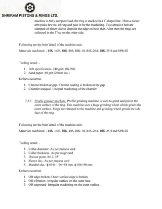 machine is fully computerised, the ring is stacked in a T-shaped bar. Then a picker
arm picks few no. of ring and pass it for the machining. Two abrasive belt are
clamped of either side to chamfer the edge on both side. After then the rings are
collected in the T bar on the other side.
Following are the brief detail of the machine unit:
Materials machined: - RIK -40B, RIK-40S, RIK-10, RIK-20A, RIK-25H and SPR-02
Tooling detail: -
1. Belt specification- 240 grit (10x350)
2. Sand paper- 80 grit (20mm dia.)
Defects occurred-
1. Chrome broken at gap- Chrome coating is broken at the gap
2. Chamfer unequal- Unequal machining of the chamfer
7.3.3 Profile grinder machine: Profile grinding machine is used to grind and polish the
outer surface of the ring. This machine uses a huge grinding wheel which grinds the
outer surface. Rings are clamped to the machine and grinding wheel grinds the side
face of the ring.
Following are the brief detail of the machine unit:
Materials machined: - RIK -40B, RIK-40S, RIK-10, RIK-20A, RIK-25H and SPR-02
Tooling detail: -
1. Collar diameter- As per process card
2. Collar thickness- As per stage card
3. Dresser point- R0.2, 55o
4. Sleeve dia.- As per process card
5. Mandrel dia.- ɸ 69.6~ 106=58 mm, ɸ 106>80 mm
Defects occurred-
1. OD edge broken- Outer surface edge is broken
2. OD vibration- Irregular surface on the outer face
3. OD unground- Irregular machining on the outer surface
 