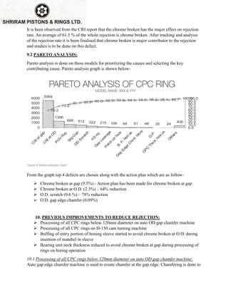 It is been observed from the CRI report that the chrome broken has the major effect on rejection
rate. An average of 61.5 % of the whole rejection is chrome broken. After tracking and analysis
of the rejection rate it is been finalised that chrome broken is major contributor to the rejection
and studies is to be done on this defect.
9.2 PARETO ANALYSIS:
Pareto analysis is done on these models for prioritizing the causes and selecting the key
contributing cause. Pareto analysis graph is shown below-
From the graph top 4 defects are chosen along with the action plan which are as follow-
 Chrome broken at gap (9.5%) - Action plan has been made for chrome broken at gap
 Chrome broken at O.D. (2.3%) – 64% reduction
 O.D. scratch (0.6 %) – 78% reduction
 O.D. gap edge chamfer (0.09%)
10. PREVIOUS IMPROVEMENTS TO REDUCE REJECTION:
 Processing of all CPC rings below 120mm diameter on auto OD gap chamfer machine
 Processing of all CPC rings on D-150 cam turning machine
 Buffing of entry portion of honing sleeve started to avoid chrome broken at O.D. during
insertion of mandrel in sleeve
 Bearing unit neck thickness reduced to avoid chrome broken at gap during processing of
rings on boring operation
10.1 Processing of all CPC rings below 120mm diameter on auto OD gap chamfer machine:
Auto gap edge chamfer machine is used to create chamfer at the gap edge. Chamfering is done to
Figure 9 Pareto analysis chart
 