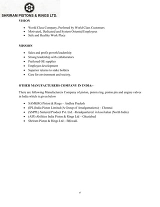 vi
VISION
 World Class Company, Preferred by World Class Customers
 Motivated, Dedicated and System Oriented Employees
 Safe and Healthy Work Place
MISSION
 Sales and profit growth/leadership
 Strong leadership with collaborators
 Preferred OE supplier
 Employee development
 Superior returns to stake holders
 Care for environment and society.
OTHER MANUFACTURERS COMPANY IN INDIA:-
There are following Manufacturers Company of piston, piston ring, piston pin and engine valves
in India which is given below
 SAMKRG Piston & Rings – Andhra Pradesh
 (IPL)India Piston Limited (A Group of Amalgamations) – Chennai
 (SSPPL) Sintered Product Pvt. Ltd. –Headquartered in kosi kalan (North India)
 (AIP) Abilities India Piston & Rings Ltd – Ghaziabad
 Shriram Piston & Rings Ltd – Bhiwadi.
 