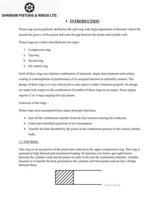 1. INTRODUCTION
Piston ring can be perfectly defined as the split ring with slight adjustment of diameter which fits
around the groove of the piston and seals the gap between the piston and cylinder wall.
Piston rings are widely classified into two types:
1. Compression ring
a. Top ring
b. Second ring
2. Oil control ring
Each of these rings uses distinct combination of materials, shape, heat treatment and surface
coating in contemplation of performance of its assigned function in optimality manner. The
design of these rings is a very critical job to carry upon to make it function properly. Its design
are made with respect to the combination of number of these rings in an engine. Some engine
requires 2 or 3 rings ranging till 6 per piston.
Functions of the rings –
Piston rings must accomplish three major principle functions,
 Seal off the combustion chamber from the fuel mixture entering the crankcase
 Limit and controlled regulation of oil consumption
 Transfer the heat absorbed by the piston in the combustion process to the cooled cylinder
walls.
1.1 TOP RING-
This ring sit on top portion of the piston also referred as the upper compression ring. This ring is
operated at high thermal and mechanical loading. Its function is to form a gas-tight barrier
between the cylinder walls and the piston in order to the seal the combustion chamber. Another
function is to transfer the heat generated to the cylinder wall from piston and act like a bridge
between them.
Figure 1 Top ring
 