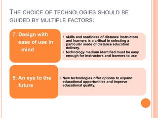 THE CHOICE OF TECHNOLOGIES SHOULD BE
GUIDED BY MULTIPLE FACTORS:
• skills and readiness of distance instructors
and learners is a critical in selecting a
particular mode of distance education
delivery.
• technology medium identified must be easy
enough for instructors and learners to use
7. Design with
ease of use in
mind
• New technologies offer options to expand
educational opportunities and improve
educational quality.
5. An eye to the
future
 