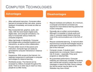 COMPUTER TECHNOLOGIES
 Allow self-paced instruction. Computers allow
learners to proceed at their own pace, receive
feedback immediately, and review as often as
they like.
 May incorporate text, graphics, audio, and
video. With the trend toward digital audio,
digital video, and computer animations, it is
easy to incorporate various media into
computer programs.
 Allow high levels of interactivity. Computer
technologies allow embedded questions and
interactions, as well as online collaboration.
 Provide written record of discussions and
instruction. Computer logs can easily be
generated for computer interactions in distance
learning.
 Inexpensive. With access to the Internet, it is
relatively inexpensive to participate in computer
technologies for distance learning.
 Worldwide access. The Internet can be
accessed by millions of people throughout the
world. There is no other way to reach so many
people for so little money.
 Require hardware and software. At a minimum,
a computer and Internet connection are
required for most distance learning options that
involve computers.
 Generally rely on written communications.
Although it is possible to include audio and
video in computer-based distance learning,
most of the communications are in the form of
text.
 Require substantial planning . E-mail and other
asynchronous computer technologies require a
great deal of planning and preparation on the
part of the instructor.
 Computer viruses. If students send
assignments via a computer, there is always a
risk of viruses -- especially if they send
programs or attached files.
 No guaranteed performance. Computer
networks are notoriously unreliable. If students
wait until the last minute to check their e-mail
messages or search the Web, there is always
the risk the server may be down or the
Websites may have moved.
Advantages Disadvantages
 