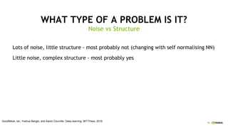 19
WHAT TYPE OF A PROBLEM IS IT?
Lots of noise, little structure - most probably not (changing with self normalising NN)
Little noise, complex structure - most probably yes
Noise vs Structure
Goodfellow, Ian, Yoshua Bengio, and Aaron Courville. Deep learning. MIT Press, 2016.
 