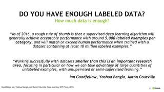 22
DO YOU HAVE ENOUGH LABELED DATA?
“As of 2016, a rough rule of thumb is that a supervised deep learning algorithm will
generally achieve acceptable performance with around 5,000 labeled examples per
category, and will match or exceed human performance when trained with a
dataset containing at least 10 million labeled examples.”
“Working successfully with datasets smaller than this is an important research
area, focusing in particular on how we can take advantage of large quantities of
unlabeled examples, with unsupervised or semi-supervised learning.”
Ian Goodfellow, Yoshua Bengio, Aaron Courville
How much data is enough?
Goodfellow, Ian, Yoshua Bengio, and Aaron Courville. Deep learning. MIT Press, 2016.
 