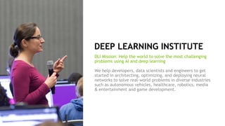 28
DEEP LEARNING INSTITUTE
DLI Mission: Help the world to solve the most challenging
problems using AI and deep learning
We help developers, data scientists and engineers to get
started in architecting, optimizing, and deploying neural
networks to solve real-world problems in diverse industries
such as autonomous vehicles, healthcare, robotics, media
& entertainment and game development.
 
