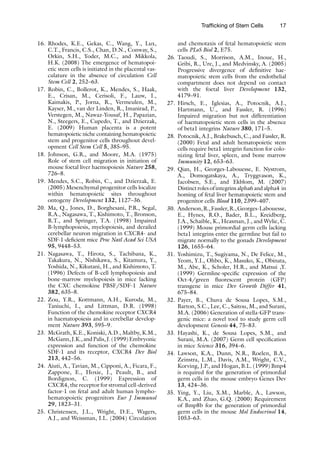 17
Trafficking of Stem Cells
16. Rhodes, K.E., Gekas, C., Wang, Y., Lux,
C.T., Francis, C.S., Chan, D.N., Conway, S.,
Orkin, S.H., Yoder, M.C., and Mikkola,
H.K. (2008) The emergence of hematopoi-
etic stem cells is initiated in the placental vas-
culature in the absence of circulation Cell
Stem Cell 2, 252–63.
17. Robin, C., Bollerot, K., Mendes, S., Haak,
E., Crisan, M., Cerisoli, F., Lauw, I.,
Kaimakis, P., Jorna, R., Vermeulen, M.,
Kayser, M., van der Linden, R., Imanirad, P.,
Verstegen, M., Nawaz-Yousaf, H., Papazian,
N., Steegers, E., Cupedo, T., and Dzierzak,
E. (2009) Human placenta is a potent
hematopoietic niche containing hematopoietic
stem and progenitor cells throughout devel-
opment Cell Stem Cell 5, 385–95.
18. Johnson, G.R., and Moore, M.A. (1975)
Role of stem cell migration in initiation of
mouse foetal liver haemopoiesis Nature 258,
726–8.
19. Mendes, S.C., Robin, C., and Dzierzak, E.
(2005) Mesenchymal progenitor cells localize
within hematopoietic sites throughout
ontogeny Development 132, 1127–36.
20. Ma, Q., Jones, D., Borghesani, P.R., Segal,
R.A., Nagasawa, T., Kishimoto, T., Bronson,
R.T., and Springer, T.A. (1998) Impaired
B-lymphopoiesis, myelopoiesis, and derailed
cerebellar neuron migration in CXCR4- and
SDF-1-deficient mice Proc Natl Acad Sci USA
95, 9448–53.
21. Nagasawa, T., Hirota, S., Tachibana, K.,
Takakura, N., Nishikawa, S., Kitamura, Y.,
Yoshida, N., Kikutani, H., and Kishimoto, T.
(1996) Defects of B-cell lymphopoiesis and
bone-marrow myelopoiesis in mice lacking
the CXC chemokine PBSF/SDF-1 Nature
382, 635–8.
22. Zou, Y.R., Kottmann, A.H., Kuroda, M.,
Taniuchi, I., and Littman, D.R. (1998)
Function of the chemokine receptor CXCR4
in haematopoiesis and in cerebellar develop-
ment Nature 393, 595–9.
23. McGrath, K.E., Koniski, A.D., Maltby, K.M.,
McGann,J.K.,andPalis,J.(1999)Embryonic
expression and function of the chemokine
SDF-1 and its receptor, CXCR4 Dev Biol
213, 442–56.
24. Aiuti, A., Tavian, M., Cipponi, A., Ficara, F.,
Zappone, E., Hoxie, J., Peault, B., and
Bordignon, C. (1999) Expression of
CXCR4, the receptor for stromal cell-derived
factor-1 on fetal and adult human lympho-
hematopoietic progenitors Eur J Immunol
29, 1823–31.
25. Christensen, J.L., Wright, D.E., Wagers,
A.J., and Weissman, I.L. (2004) Circulation
and chemotaxis of fetal hematopoietic stem
cells PLoS Biol 2, E75.
26. Taoudi, S., Morrison, A.M., Inoue, H.,
Gribi, R., Ure, J., and Medvinsky, A. (2005)
Progressive divergence of definitive hae-
matopoietic stem cells from the endothelial
compartment does not depend on contact
with the foetal liver Development 132,
4179–91.
27. Hirsch, E., Iglesias, A., Potocnik, A.J.,
Hartmann, U., and Fassler, R. (1996)
Impaired migration but not differentiation
of haematopoietic stem cells in the absence
of beta1 integrins Nature 380, 171–5.
28. Potocnik, A.J., Brakebusch, C., and Fassler, R.
(2000) Fetal and adult hematopoietic stem
cells require beta1 integrin function for colo-
nizing fetal liver, spleen, and bone marrow
Immunity 12, 653–63.
29. Qian, H., Georges-Labouesse, E. Nystrom,
A., Domogatskaya, A., Tryggvason, K.,
Jacobsen, S.E., and Ekblom, M. (2007)
Distinct roles of integrins alpha6 and alpha4 in
homing of fetal liver hematopoietic stem and
progenitor cells Blood 110, 2399–407.
30. Anderson,R.,Fassler,R.,Georges-Labouesse,
E., Hynes, R.O., Bader, B.L., Kreidberg,
J.A., Schaible, K., Heasman, J., and Wylie, C.
(1999) Mouse primordial germ cells lacking
beta1 integrins enter the germline but fail to
migrate normally to the gonads Development
126, 1655–64.
31. Yoshimizu, T., Sugiyama, N., De Felice, M.,
Yeom, Y.I., Ohbo, K., Masuko, K., Obinata,
M., Abe, K., Scholer, H.R., and Matsui ,Y.
(1999) Germline-specific expression of the
Oct-4/green fluorescent protein (GFP)
transgene in mice Dev Growth Differ 41,
675–84.
32. Payer, B., Chuva de Sousa Lopes, S.M.,
Barton, S.C., Lee, C., Saitou, M., and Surani,
M.A. (2006) Generation of stella-GFP trans-
genic mice: a novel tool to study germ cell
development Genesis 44, 75–83.
33. Hayashi, K., de Sousa Lopes, S.M., and
Surani, M.A. (2007) Germ cell specification
in mice Science 316, 394–6.
34. Lawson, K.A., Dunn, N.R., Roelen, B.A.,
Zeinstra, L.M., Davis, A.M., Wright, C.V.,
Korving, J.P., and Hogan, B.L. (1999) Bmp4
is required for the generation of primordial
germ cells in the mouse embryo Genes Dev
13, 424–36.
35. Ying, Y., Liu, X.M., Marble, A., Lawson,
K.A., and Zhao, G.Q. (2000) Requirement
of Bmp8b for the generation of primordial
germ cells in the mouse Mol Endocrinol 14,
1053–63.
 