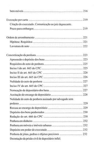 bens móveis ................................................................................... 216
Execução por carta ............................................................................ 219
Citação do executado. Comunicação aojuiz deprecante.
Prazo para embargos ..................................................................... 219
Ordem de arrombamento ................................................................... 221
Hipótese. Requisitos ...................................................................... 221
Lavratura de auto .......................................................................... 222
Concretização da penhora .................................................................. 223
Apreensão e depósito dos bens ..................................................... 223
Requisitos do auto de penhora....................................................... 225
Inciso I do art. 665 do CPC .......................................................... 225
Inciso U do art. 665 do CPC ........................................................ 226
Inciso lU do art. 665 do CPC ....................................................... 226
Nulidade do auto de penhora ........................................................ 227
Inciso IV do art. 665 do CPC ....................................................... 227
Nomeação de depositário dos bens ............................................... 227
Aceitação do encargo de depositário ............................................. 228
Nulidade do auto de penhora assinado por advogado sem
poderes ......................................................................................... 229
Recusa ao encargo de depositário ................................................. 229
Depósito dos bens penhorados ...................................................... 230
Redação do art. 666 do CPC ....................................................... 230
Penhora em dinheiro ...................................................................... 232
Penhora em móveis e imóveis urbanos ........................................... 232
Depósito em poder do executado .................................................. 232
Penhora de jóias, pedras e objetos preciosos ................................ 232
Decretação da prisão civil de depositário infiel.
 
