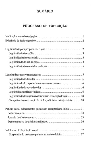 SUMÁRIO
PROCESSO DE EXEC çÃO
Inadimplemento da obrigação ................................................................. 1
Existência de título executivo .................................................................. 2
Legitimidade para propor a execução ..................................................... 2
Legitimidade do espólio ..................................................................... 3
Legitimidade do cessionário ............................................................... 3
Legitimidade do sub-rogado .............................................................. 4
Legitimidade das entidades sindicais .................................................. 5
Legitimidade passivana execução .......................................................... 5
Legitimidade do devedor.................................................................. 5
Legitimidade do espólio, herdeiros ou sucessores .............................. 6
Legitimidade do novo devedor .......................................................... 6
Legitimidade do fiadorjudicial ........................................................... 6
Legitimidade do responsável tributário. Execução Fiscal .................. 18
Competência na execução de títulos judiciais e extrajudiciais ........... 28
Petição inicial e documentos que devem acompanhar a inicial ............... 31
Valor da causa ................................................................................ 33
Juntada do título executivo .............................................................. 33
Demonstrativo do débito atualizado ................................................. 36
Indeferimento dapetição inicial ............................................................. 37
Suspensão do processo para ser sanado o defeito .......................... 37
 