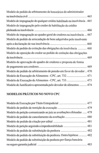 Modelo de pedido de arbitramento de honorários do administrador
nainsolvênciacivil .............................................................................. 465
Modelo de impugnação de qualquer crédito habilitado na insolvência. 465
Modelo de impugnação pelo credor de habilitação de crédito
pleiteadana insolvência ...................................................................... 466
Modelo de impugnação ao quadro geral de credores na insolvência ... 467
Modelo de pedido de arrecadação de bens adquiridos pelo insolvente
após a declaração de sua insolvência .................................................. 468
Modelo de pedido de extinção das obrigações da insolvência ............ 468
Modelo de oposição do credor ao pedido de extinção das obrigações
da insolvência ..................................................................................... 469
Modelo de aprovação do quadro de credores e proposta de forma
de pagamento aos credores ................................................................ 469
Modelo de pedido de arbitramento de pensão em favor do devedor .. 470
Modelo de Execução de Alimentos - CPC, art. 732 ........................... 471
Modelo de Execução de Alimentos - CPC, art. 733 ........................... 473
Modelo de Justificativa apresentadapelo devedor de alimentos .......... 474
MODELOS PRÁTICOS NO NOVO CPC
Modelo de Execução por Título Extrajudicial ..................................... 477
Modelo de pedido de remição da execução ....................................... 479
Modelo de petição comunicando ao juiz as averbações efetuadas ...... 479
Modelo de pedido de cancelamento da averbação ............................. 480
Modelo de pedido de citação por edital ............................................. 481
Modelo de petição arguindo a impenhorabilidade ............................... 481
Modelo de pedido de substituição da penhora ................................... 482
Modelo de pedido de substituição da penhora. Outra hipótese ........... 482
Modelo de pedido de substituição da penhorapor fiança bancária
ou seguro garantiajudicial .................................................................. 483
 